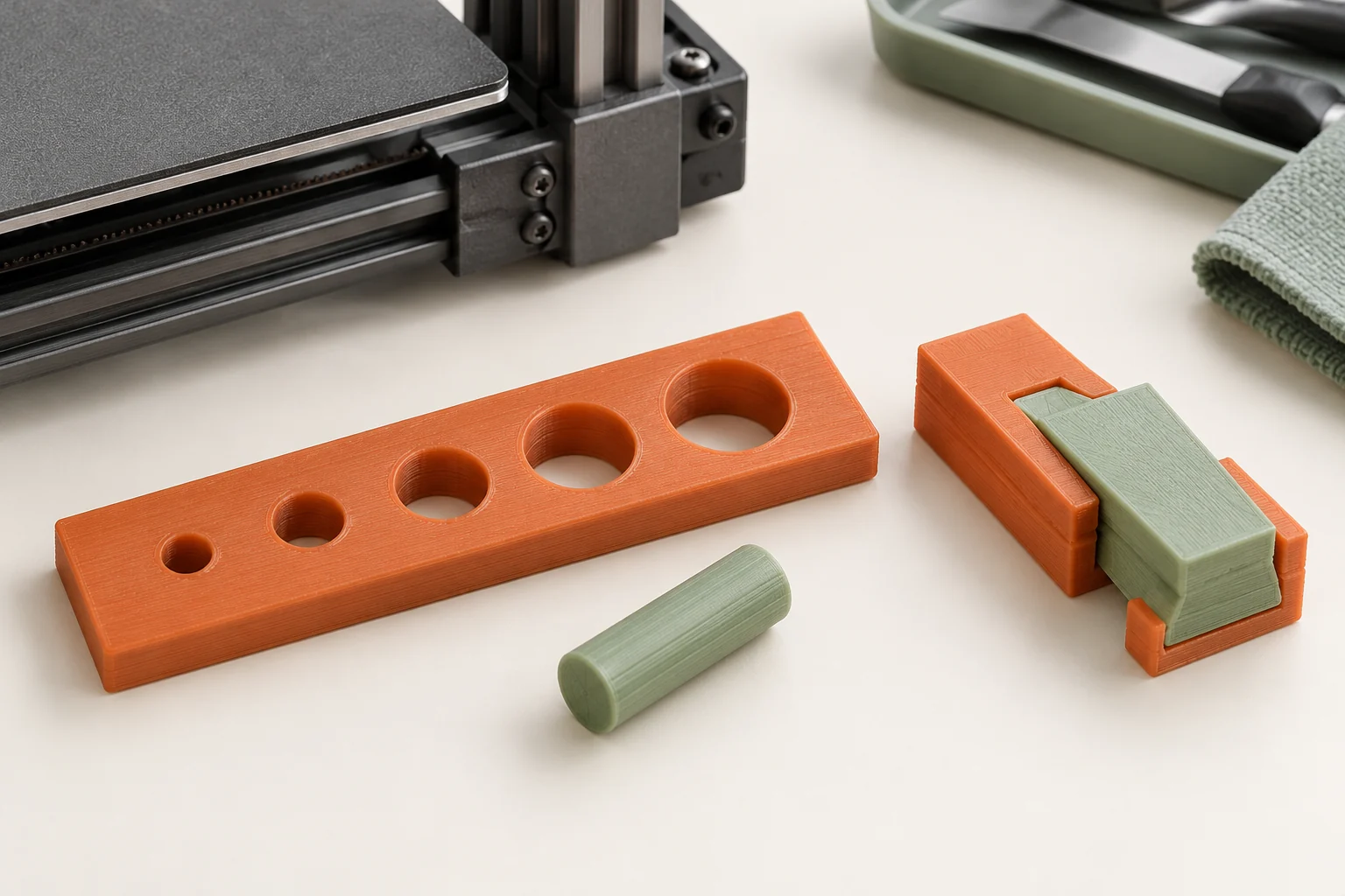A strip of circular openings beside a pin and a small sliding joint test.