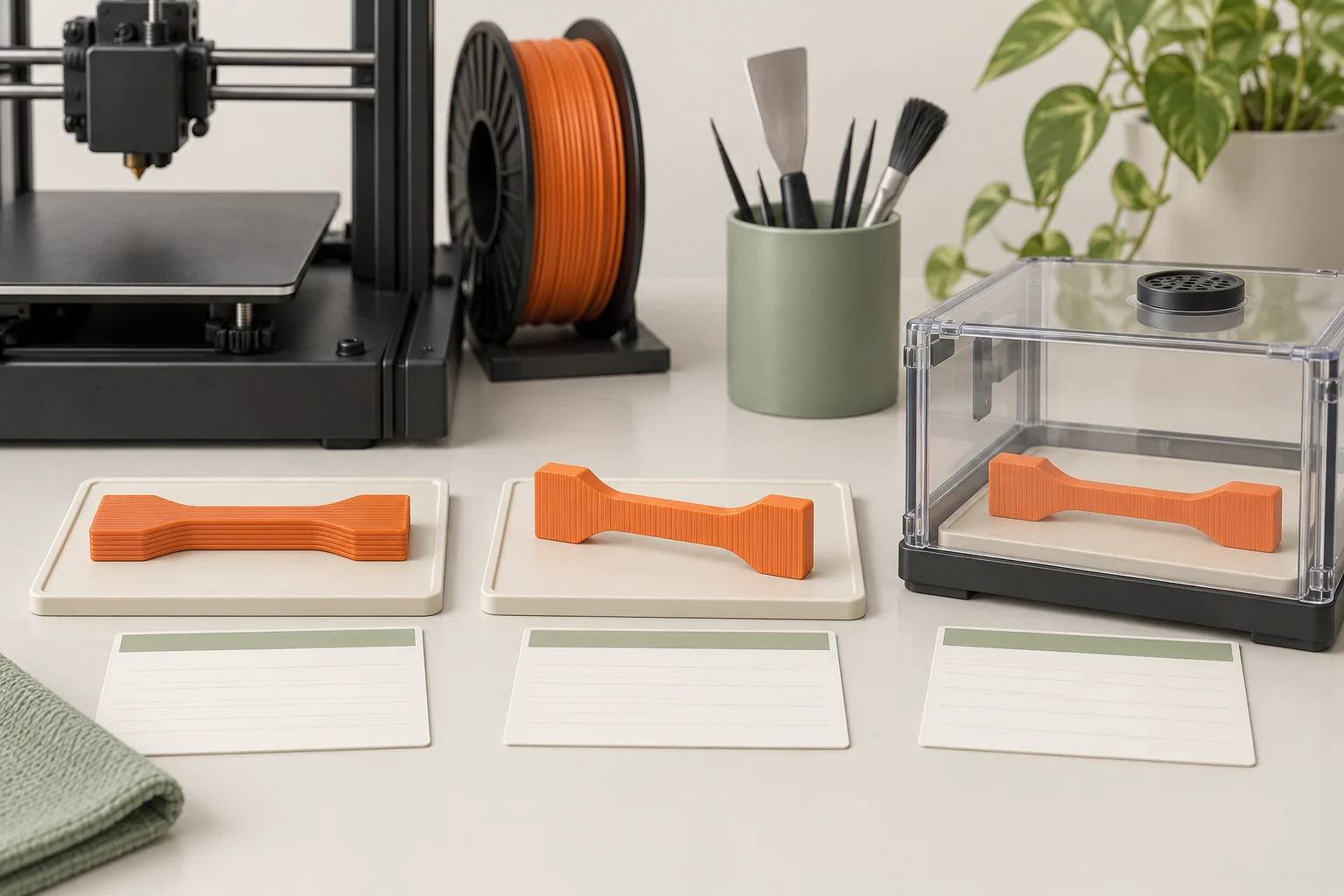 Polymer test coupons in different orientations and a controlled enclosure beside record cards.