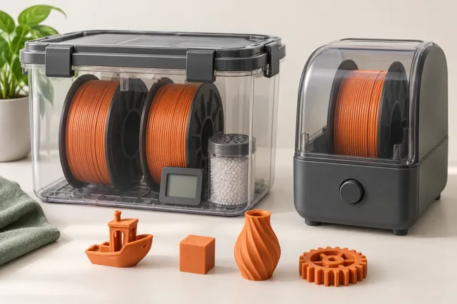 Filament spools in sealed storage beside a separate enclosed filament dryer.