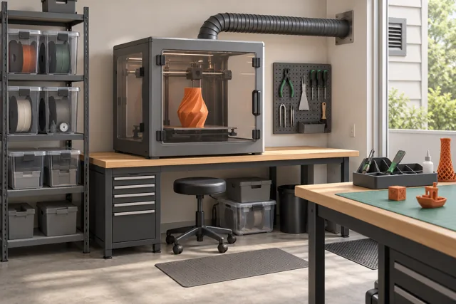 An enclosed filament printer, exhaust duct, storage, and tools on a clear workbench.
