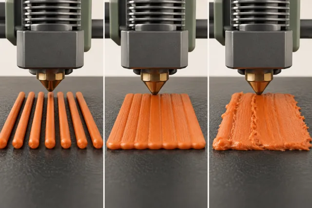 First-layer patches showing separated strands, joined paths, and ridged material.