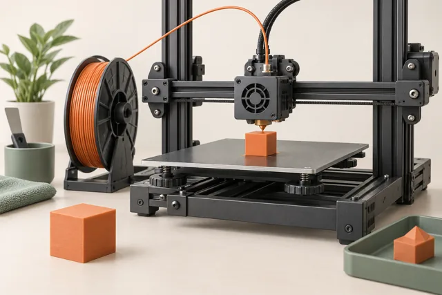 A filament printer making an orange cube beside a completed reference cube.