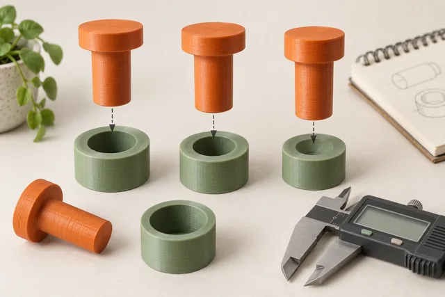Orange pins aligned above green sockets of different sizes, with a caliper nearby.