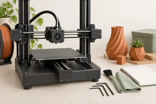 A filament printer beside arranged hex keys, a brush, cloth, and notebook.