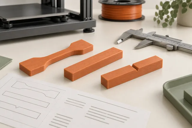 Tensile, bending, and notched test specimens beside a document and caliper.