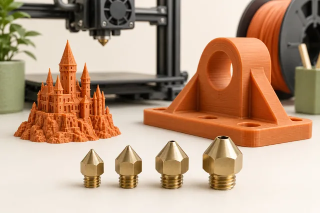 Metal nozzle tips beside a finely detailed model and a larger printed part.