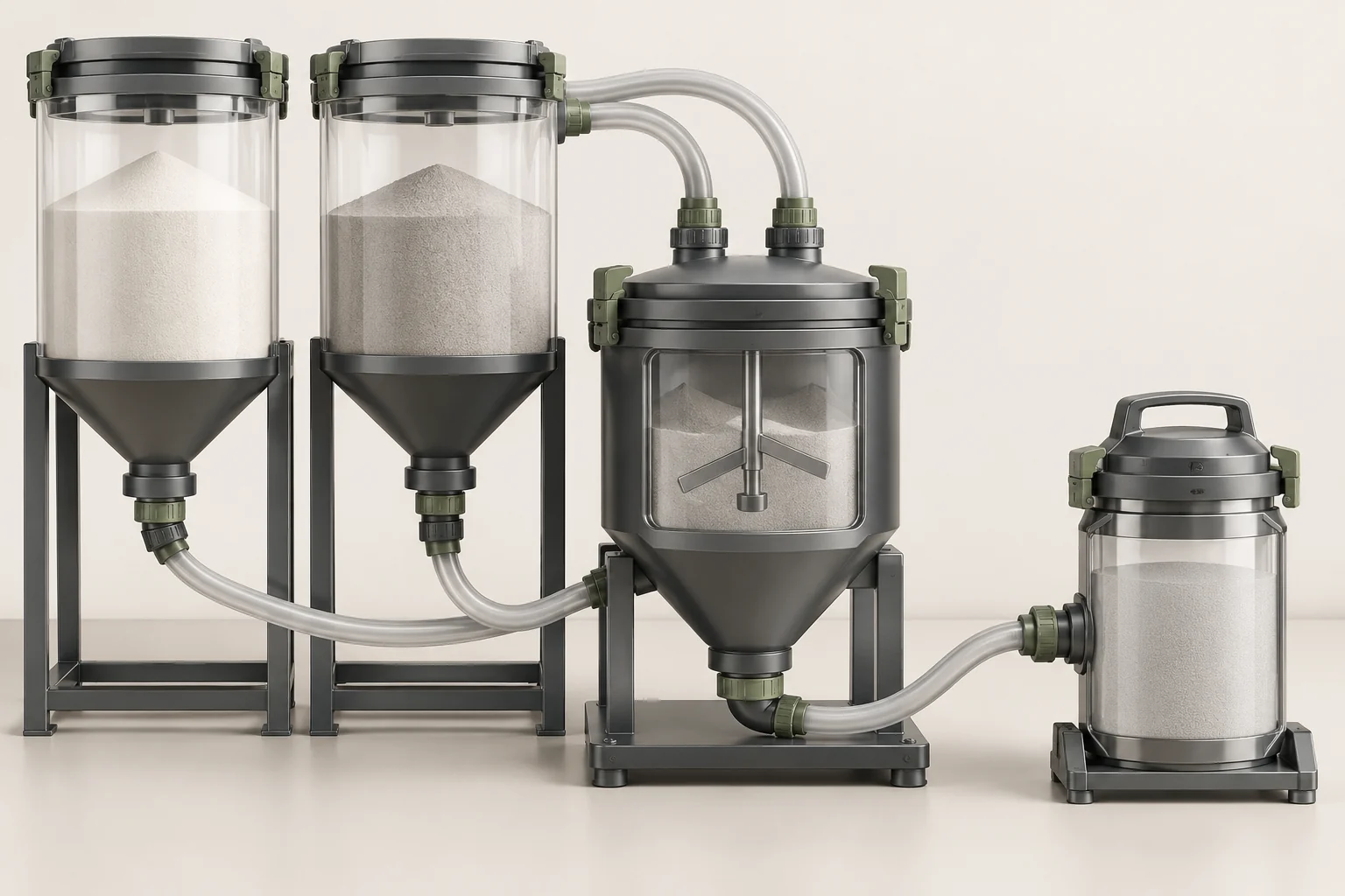 Two powder containers feeding a closed mixing vessel and output cartridge.