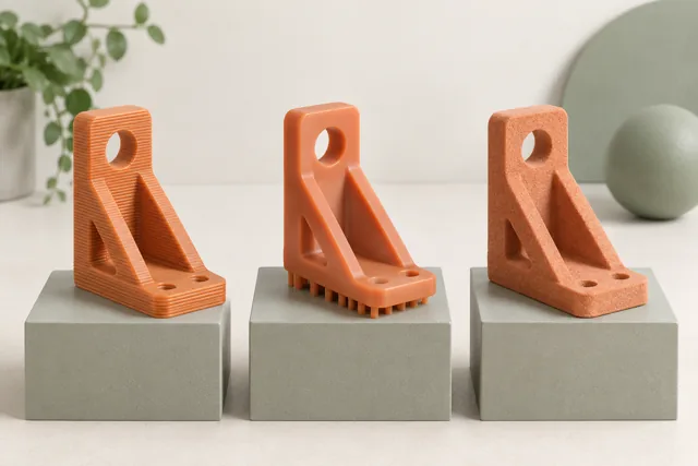 Three bracket models with layered, smooth, and granular surface textures.