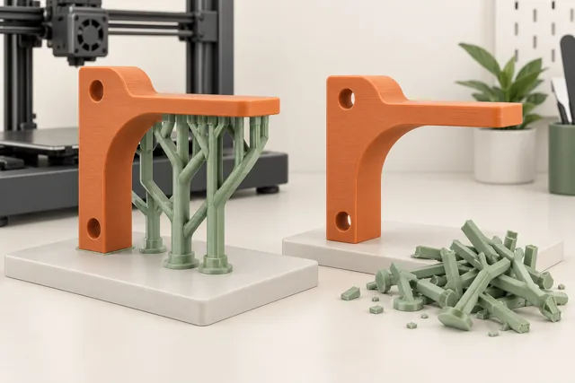 A bracket with highlighted support branches beside a bracket with the supports removed.