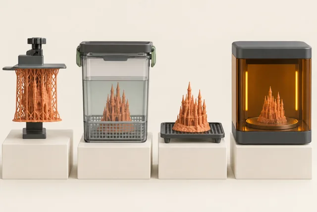 A supported resin part, covered wash vessel, drying position, and enclosed cure unit.