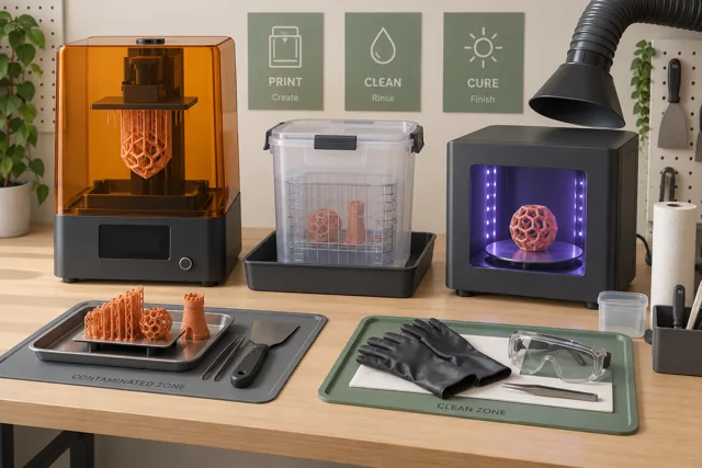 A resin printer, covered wash container, cure unit, protective equipment, and capture duct.