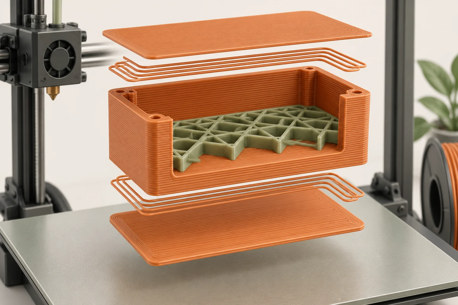 An exploded enclosure cutaway showing perimeter paths, infill, and top and bottom skins.
