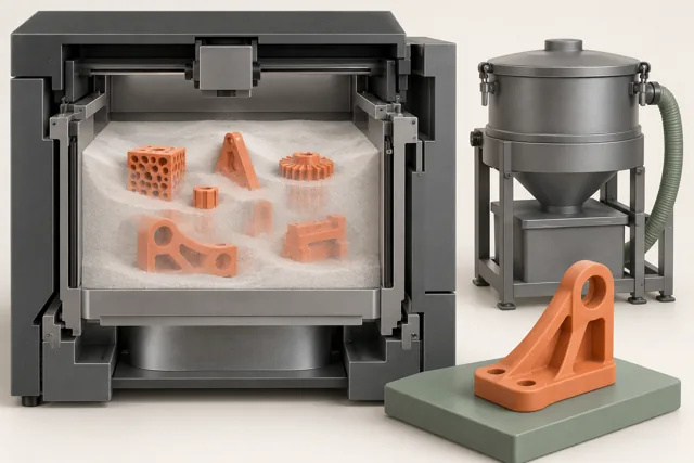 A powder-bed cutaway revealing nested parts beside recovery equipment and a finished bracket.