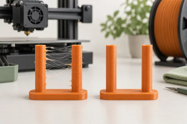 Paired tower models, one with fine strands between the posts and one without.
