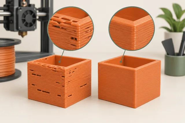 Two printed boxes contrasting interrupted wall lines with continuous walls.