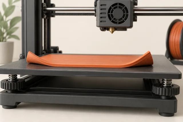 An orange rectangular print with corners lifted from a dark build plate.