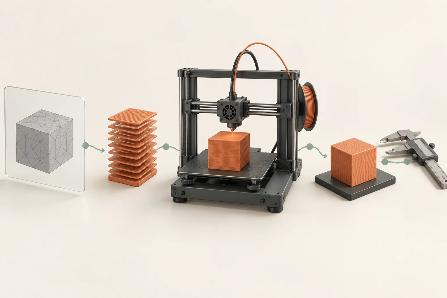 A model, contour slices, printer, finished cube, and inspection tools arranged in sequence.