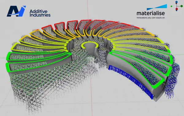 Build-preparation visualization from Additive Industries and Materialise’s announcement.