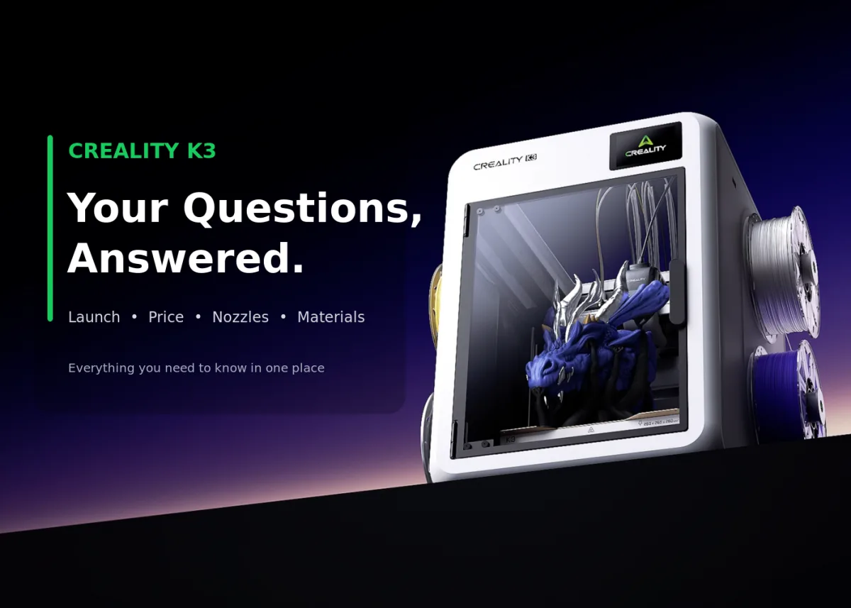 Creality K3 promotional imagery accompanying the nozzle-changing preview.