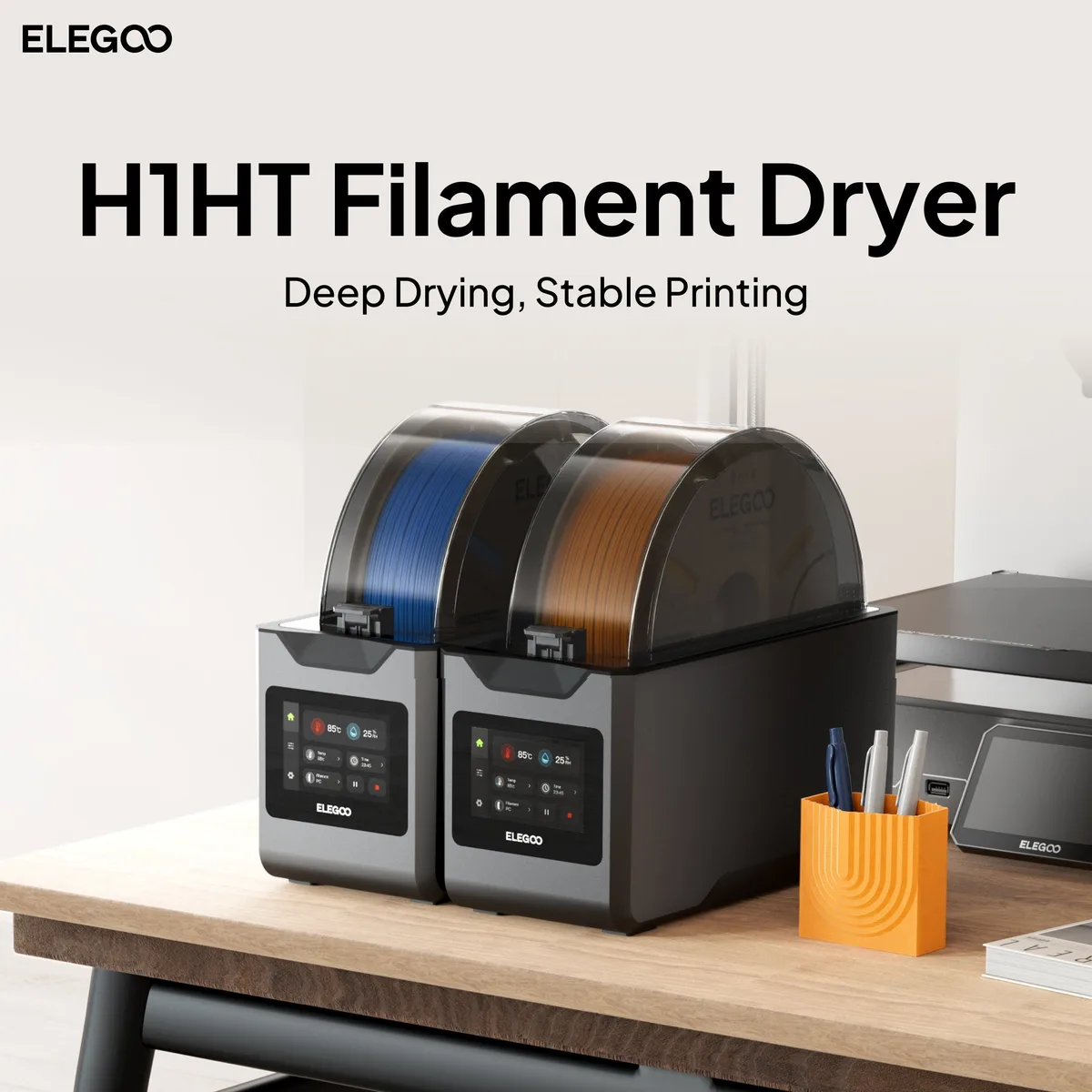 Elegoo H1 HT filament dryer pictured with a spool inside.