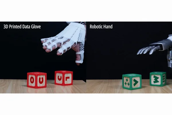 A printed sensing glove controls a robotic hand.