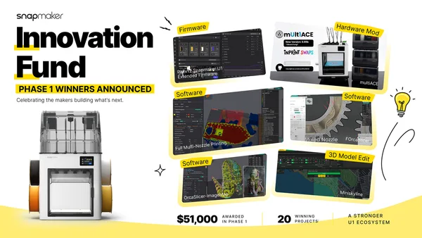 Snapmaker’s announcement graphic highlights the first-round Innovation Fund winners.