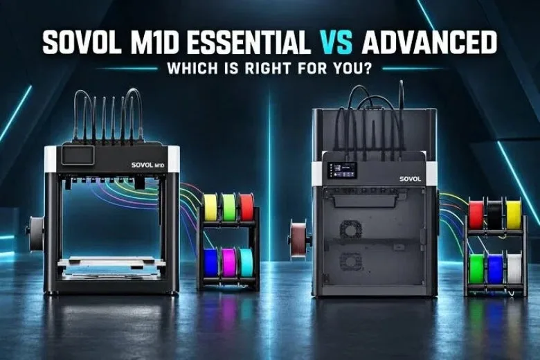 Sovol’s comparison artwork shows the Essential and enclosed Advanced M1D configurations.